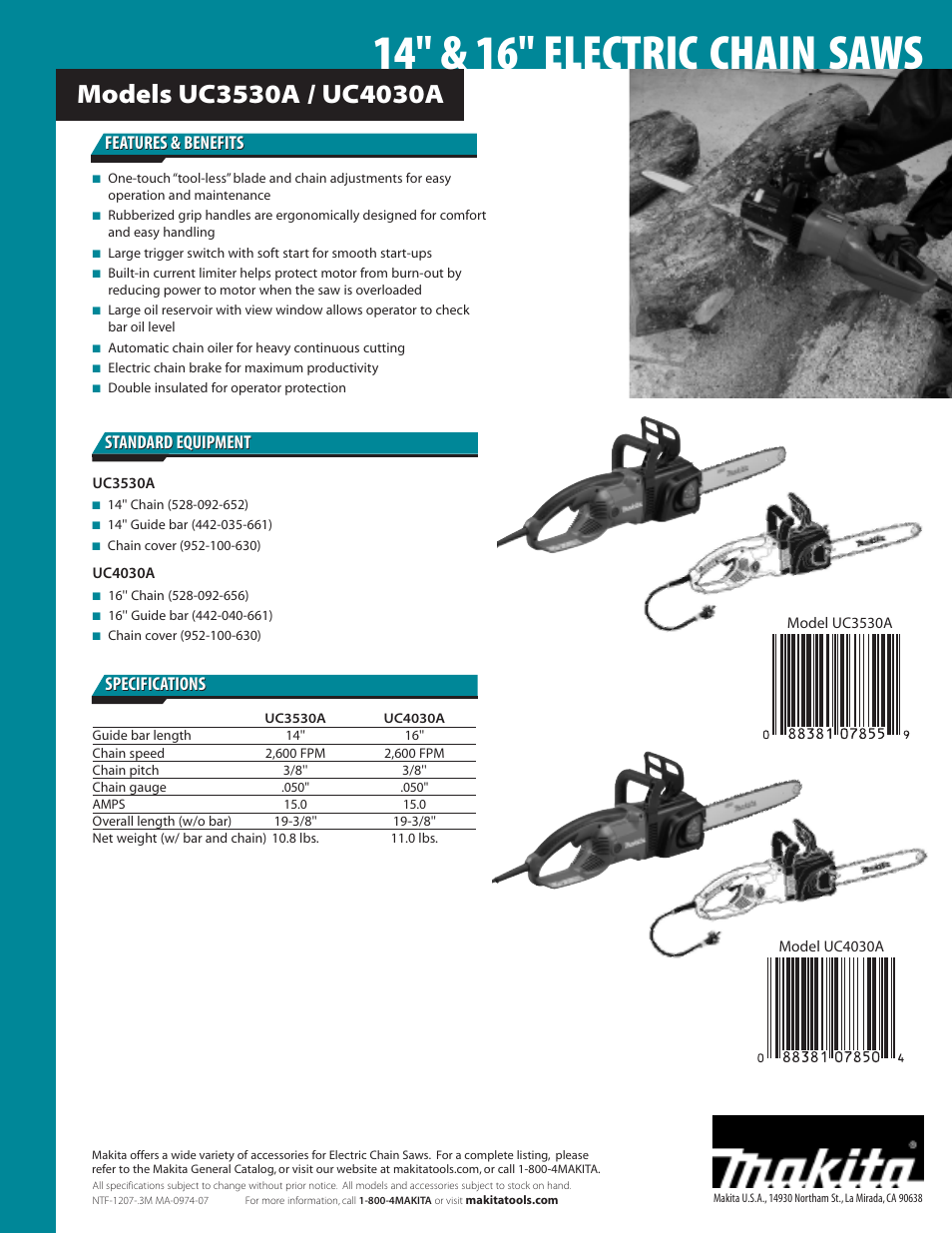 14'' & 16'' electric chain saws, Features & benefits | Makita UC3530A (14