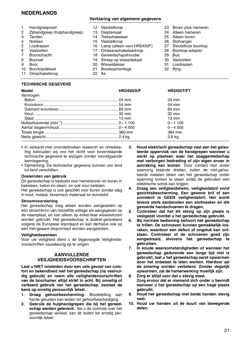 Nederlands | Makita HR2450X User Manual | Page 9 / 19