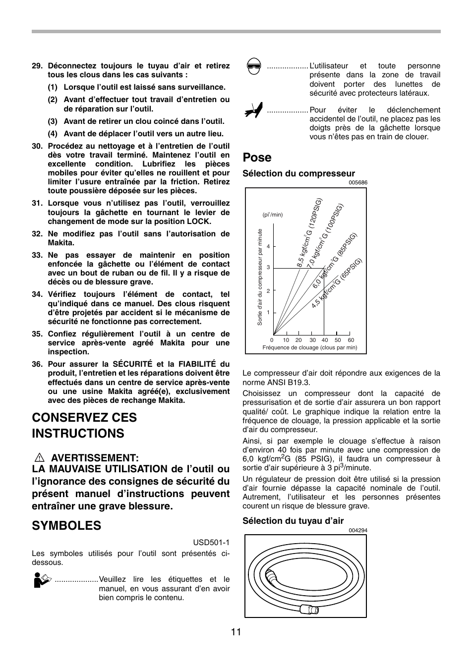 Conservez ces instructions, Symboles, Pose | Sélection du compresseur, Sélection du tuyau d’air | Makita AN943 User Manual | Page 11 / 28