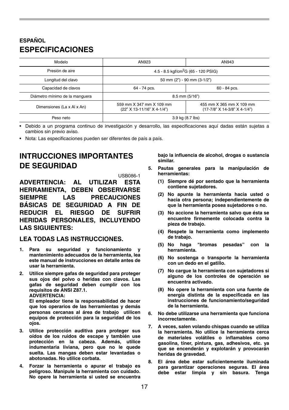 Especificaciones, Intrucciones importantes de seguridad | Makita AN943 User Manual | Page 17 / 28