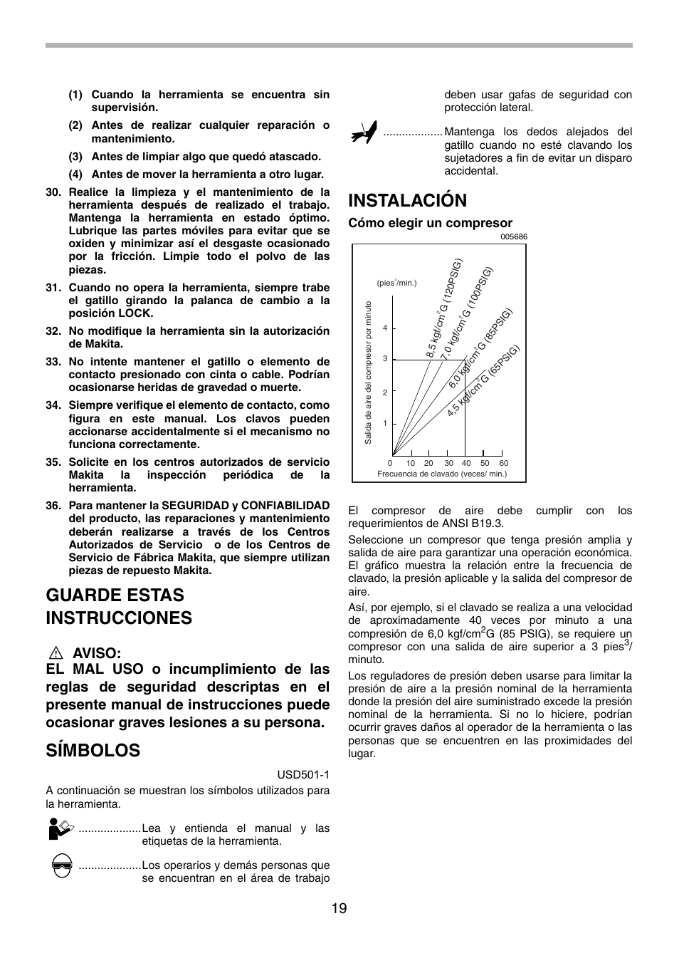 Guarde estas instrucciones, Símbolos, Instalación | Cómo elegir un compresor | Makita AN943 User Manual | Page 19 / 28