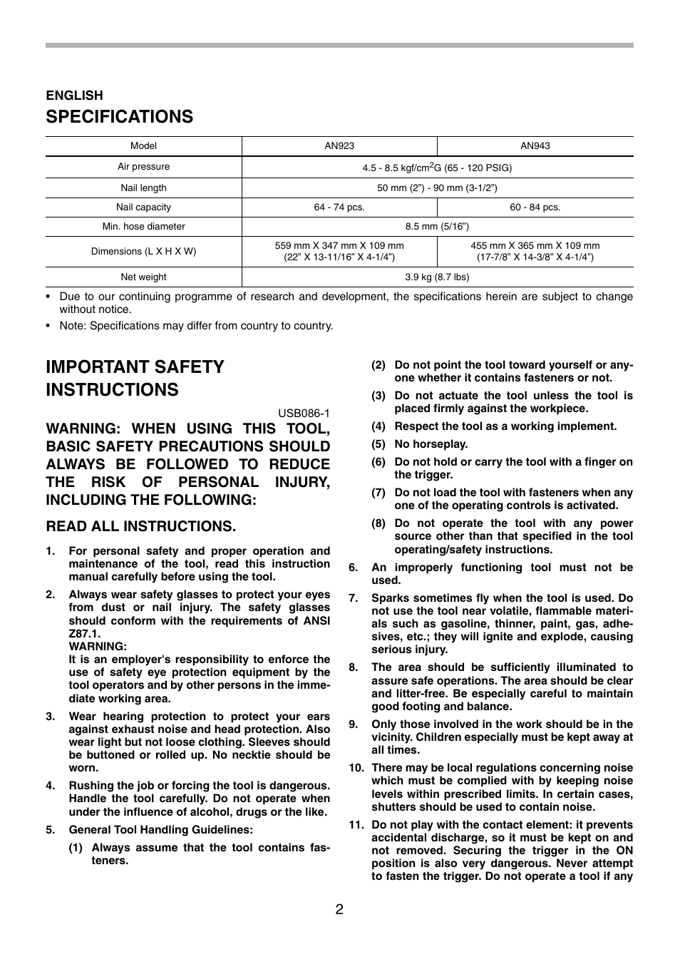 Specifications, Important safety instructions | Makita AN943 User Manual | Page 2 / 28