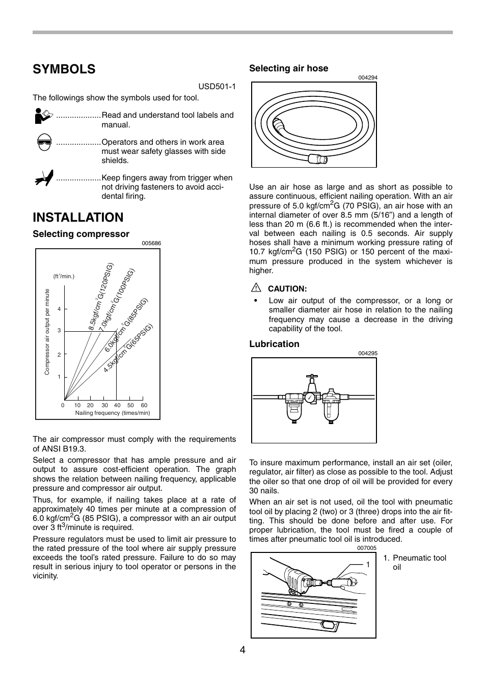 Symbols, Installation, Selecting compressor | Selecting air hose, Lubrication | Makita AN943 User Manual | Page 4 / 28