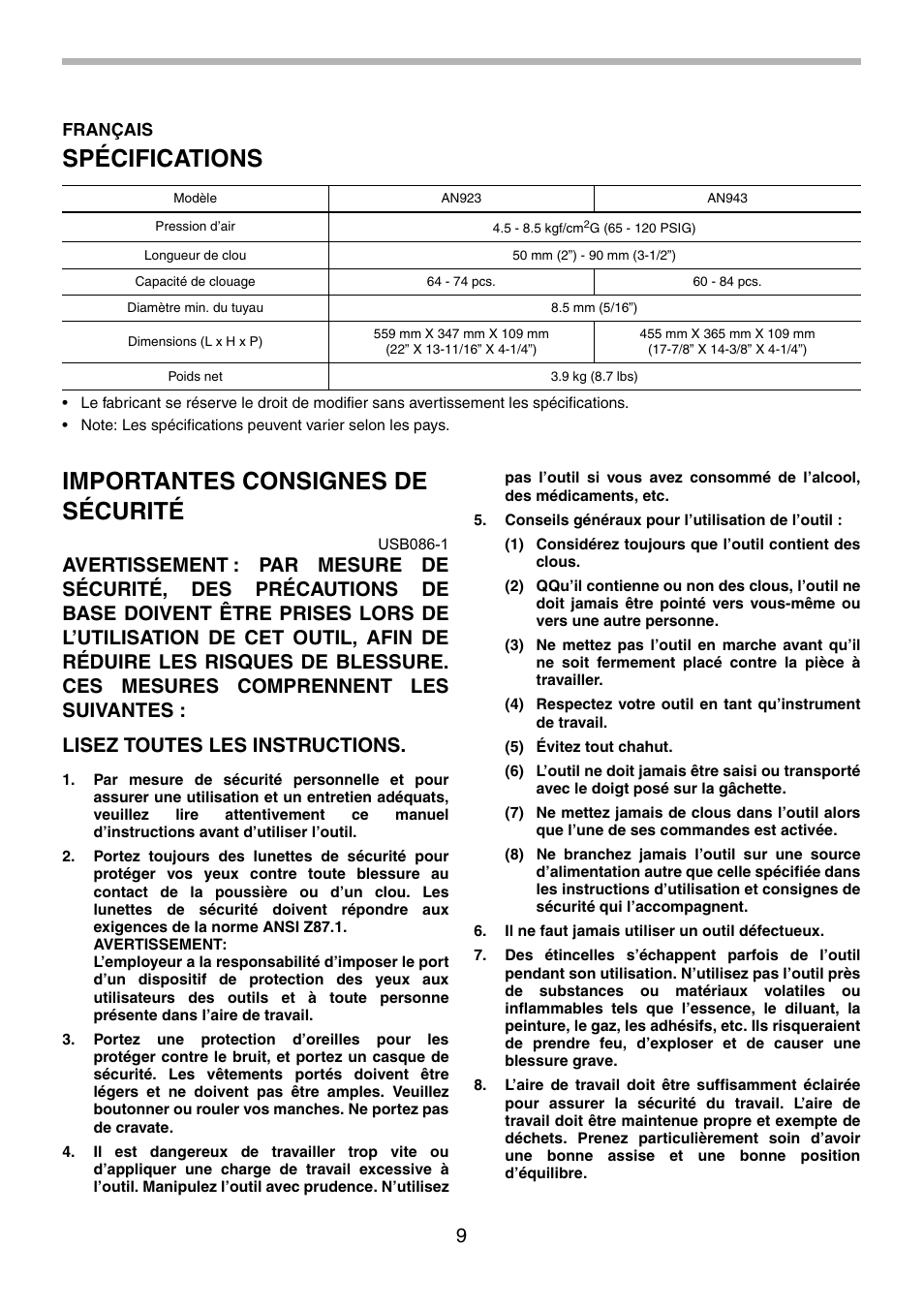 Spécifications, Importantes consignes de sécurité | Makita AN943 User Manual | Page 9 / 28