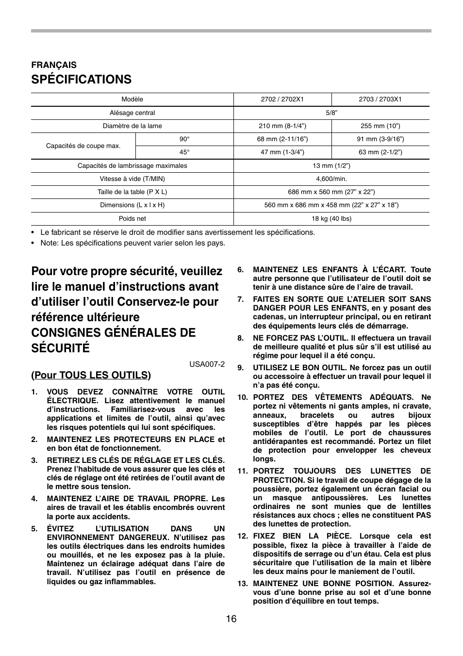 Spécifications, Pour tous les outils) | Makita 2702X1 User Manual | Page 16 / 48