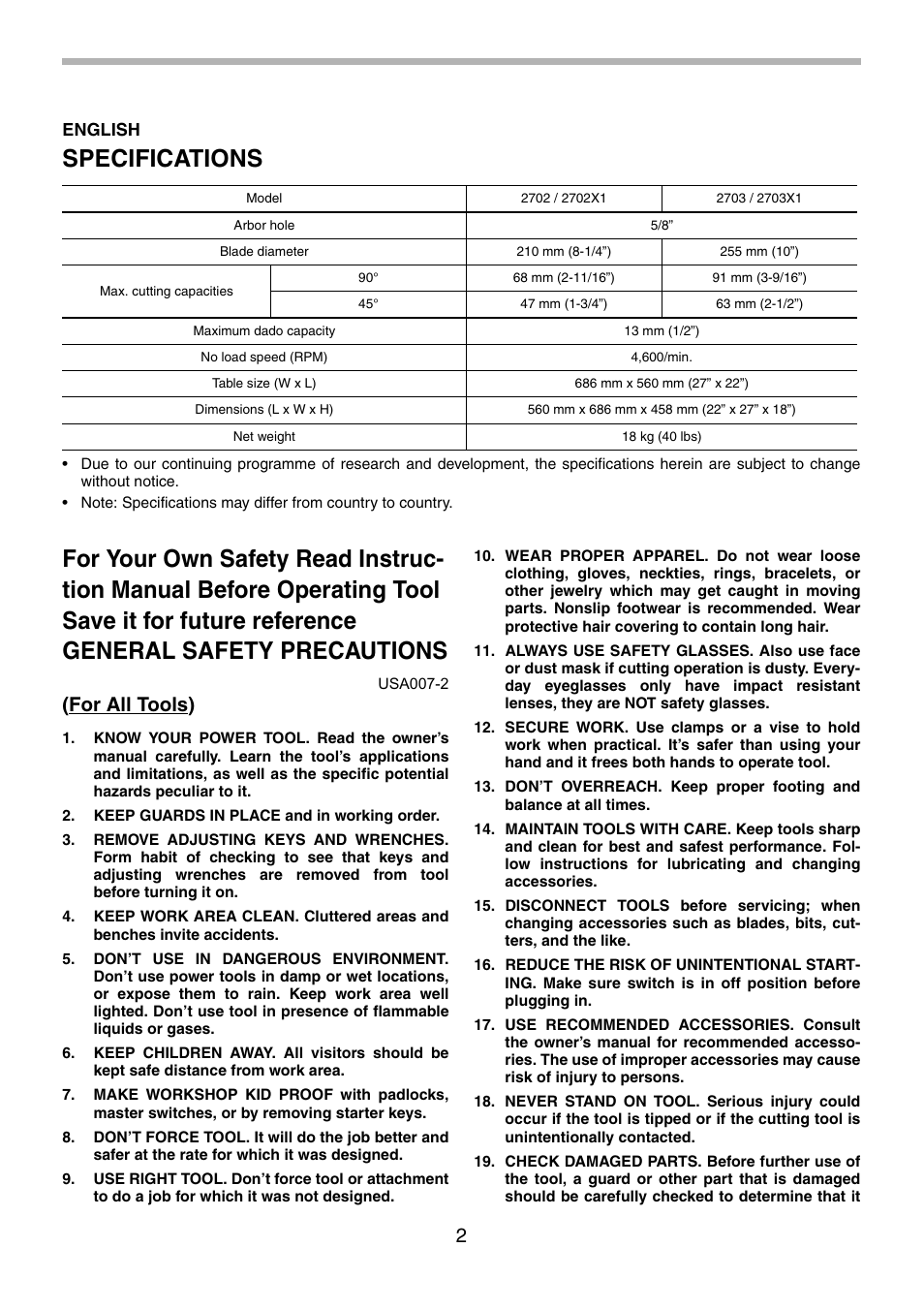 Specifications, For all tools) | Makita 2702X1 User Manual | Page 2 / 48