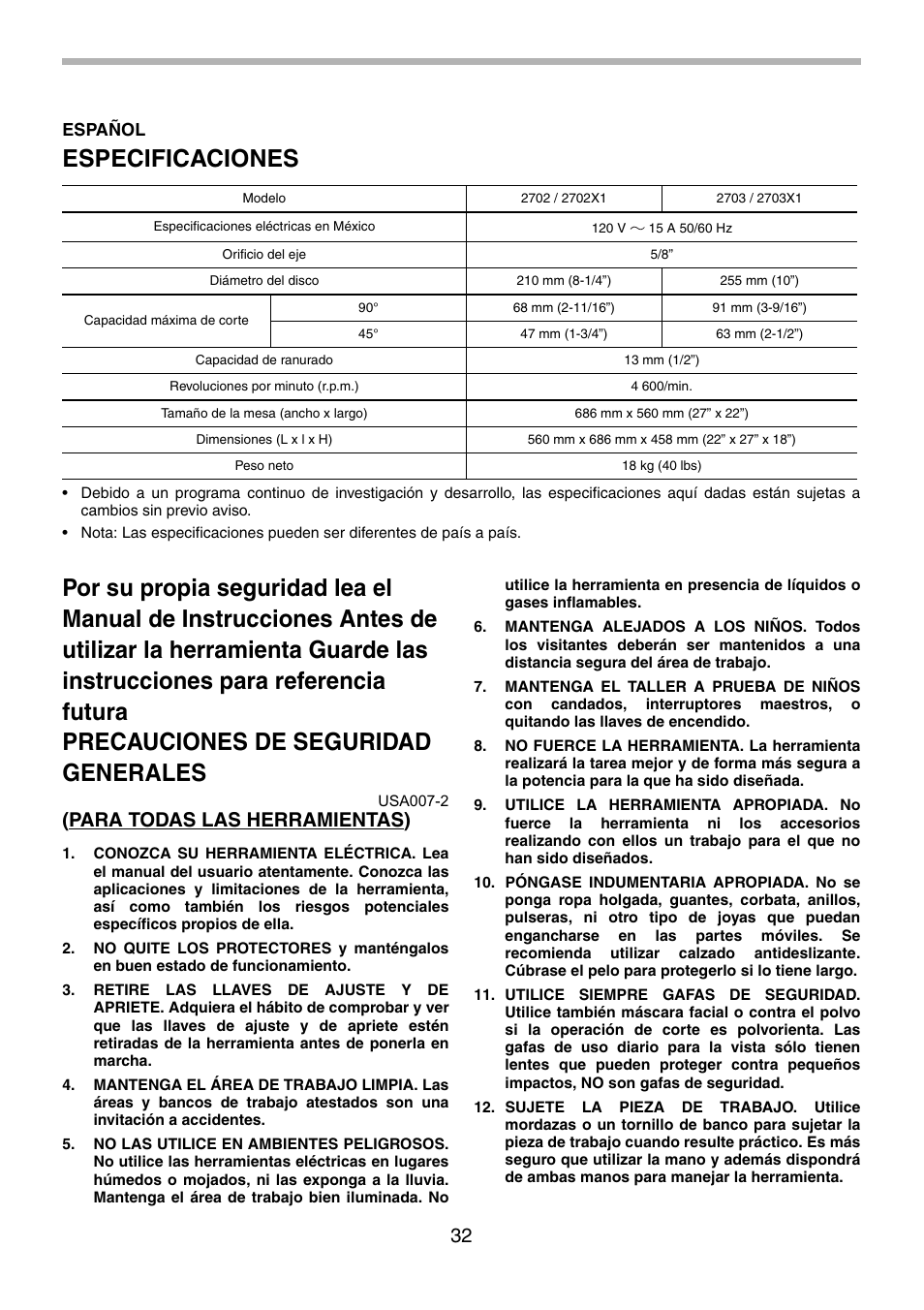 Especificaciones, Para todas las herramientas) | Makita 2702X1 User Manual | Page 32 / 48