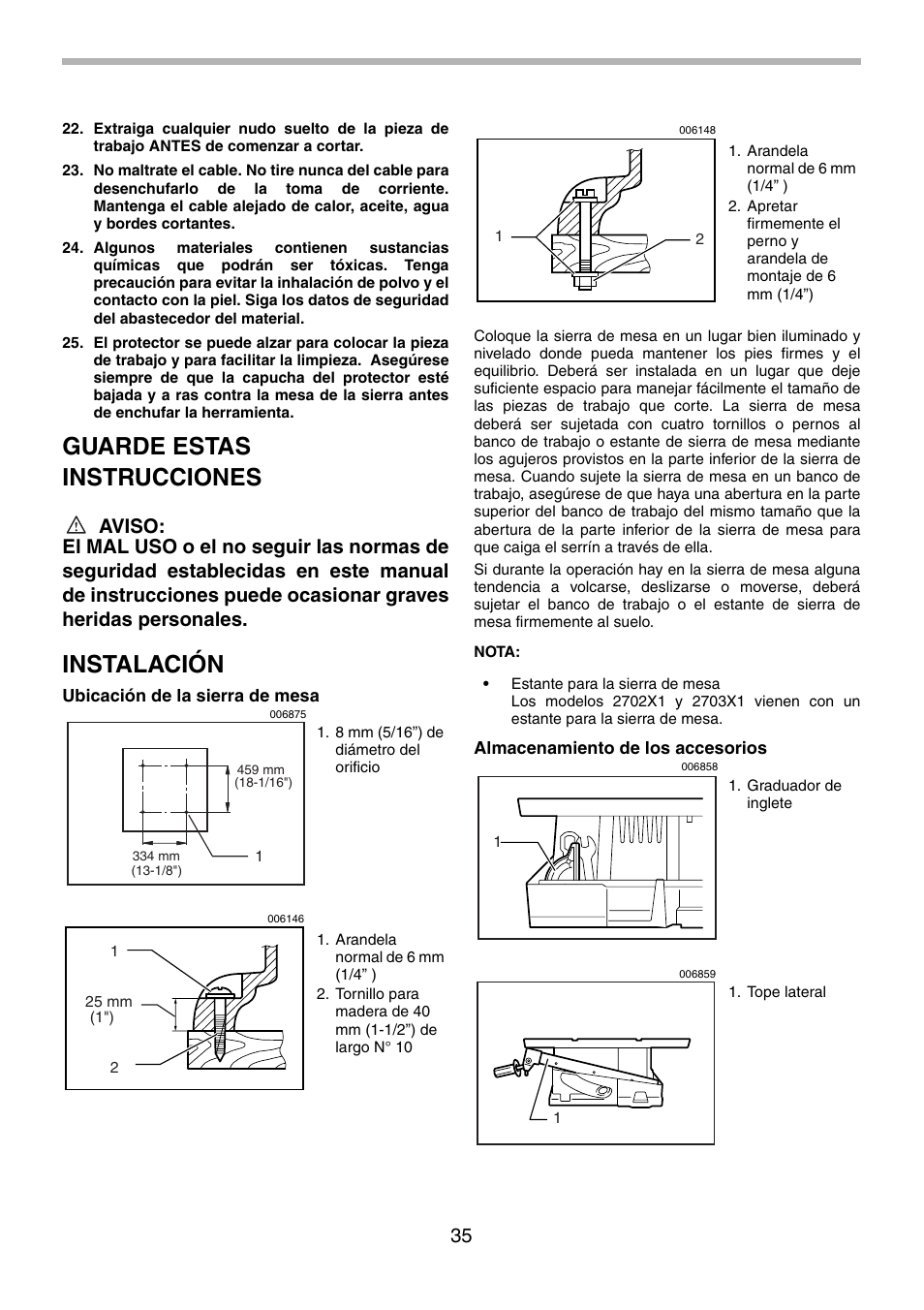 Guarde estas instrucciones, Instalación | Makita 2702X1 User Manual | Page 35 / 48