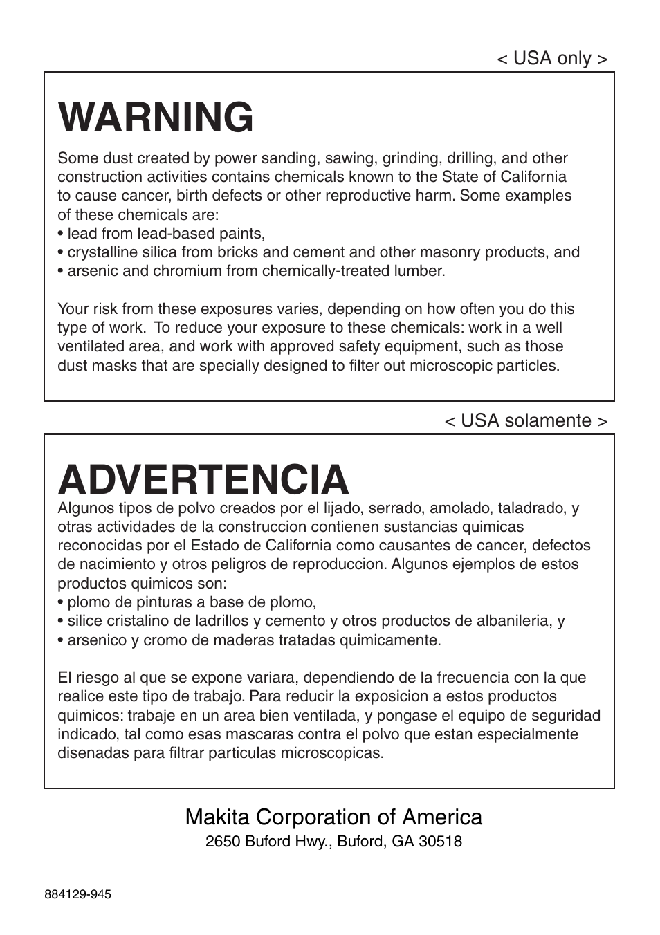 Warning, Advertencia | Makita 2702X1 User Manual | Page 48 / 48