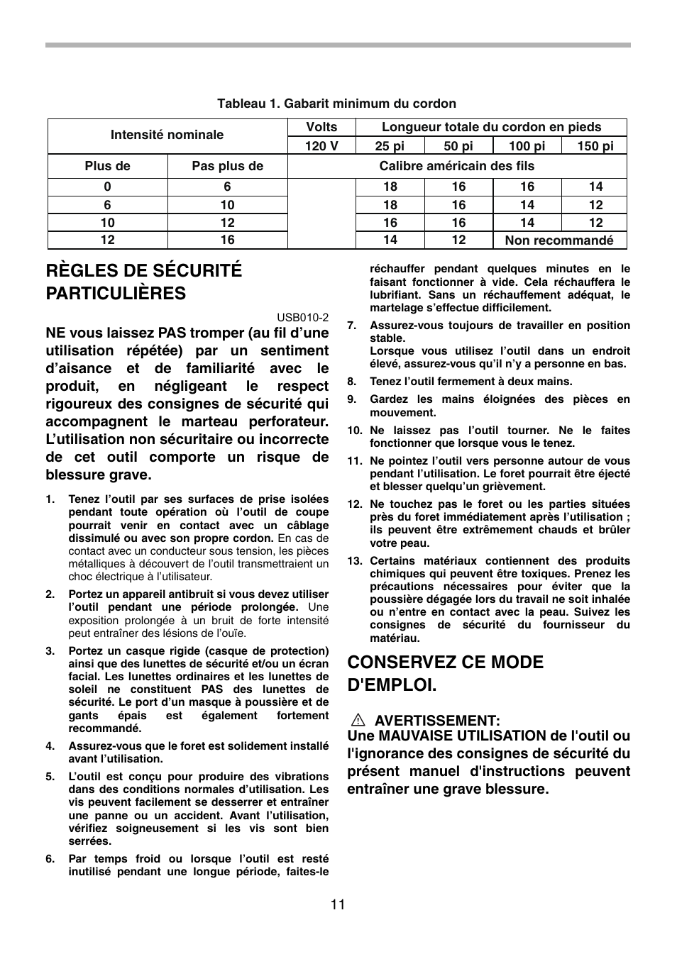 Règles de sécurité particulières, Conservez ce mode d'emploi | Makita HR1830F User Manual | Page 11 / 28