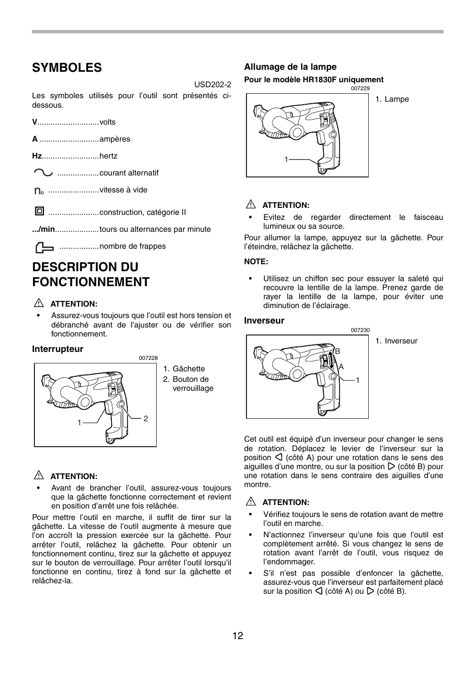 Symboles, Description du fonctionnement | Makita HR1830F User Manual | Page 12 / 28
