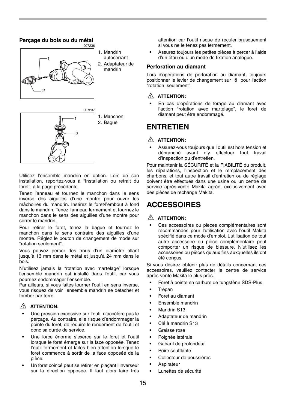 Entretien, Accessoires | Makita HR1830F User Manual | Page 15 / 28