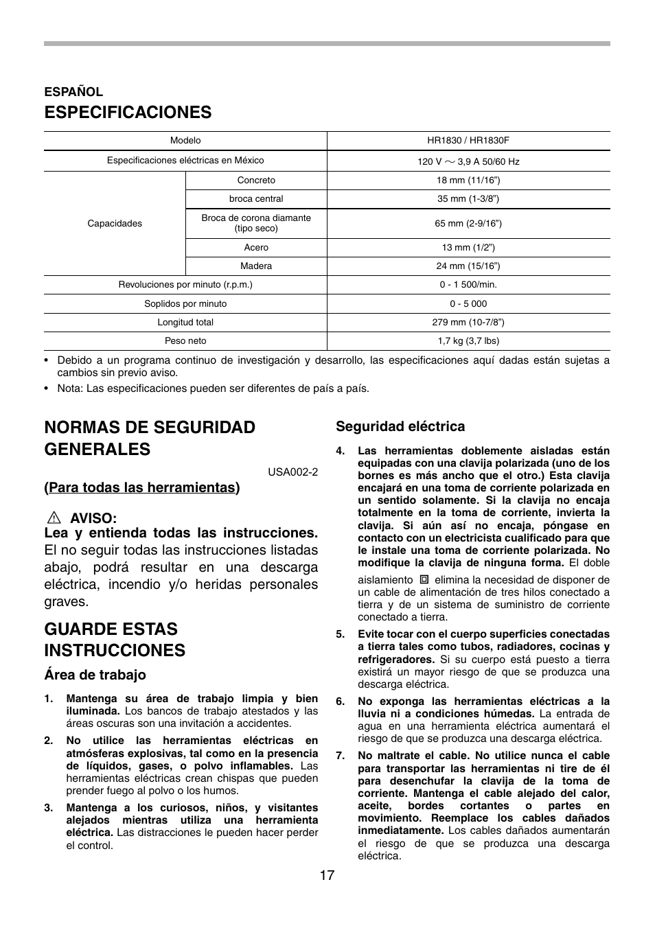 Especificaciones, Normas de seguridad generales, Guarde estas instrucciones | Área de trabajo, Seguridad eléctrica | Makita HR1830F User Manual | Page 17 / 28