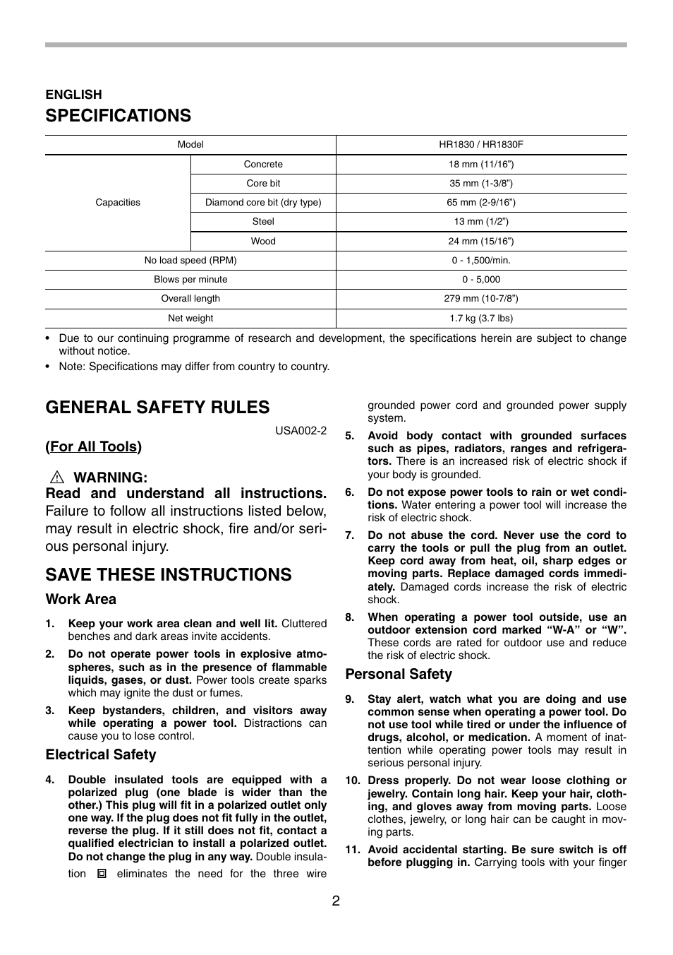 Specifications, General safety rules, Save these instructions | Work area, Electrical safety, Personal safety | Makita HR1830F User Manual | Page 2 / 28