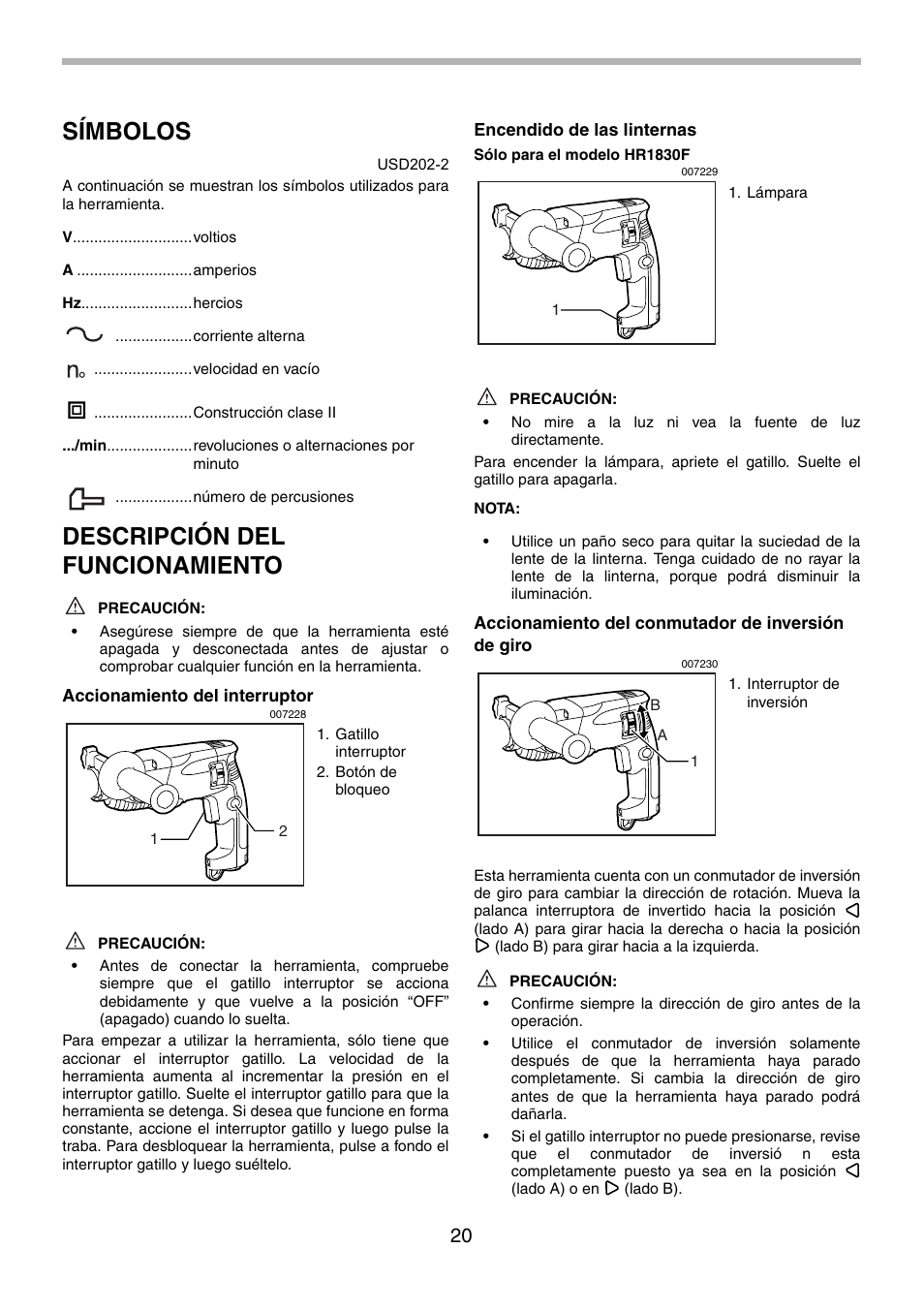 Símbolos, Descripción del funcionamiento | Makita HR1830F User Manual | Page 20 / 28