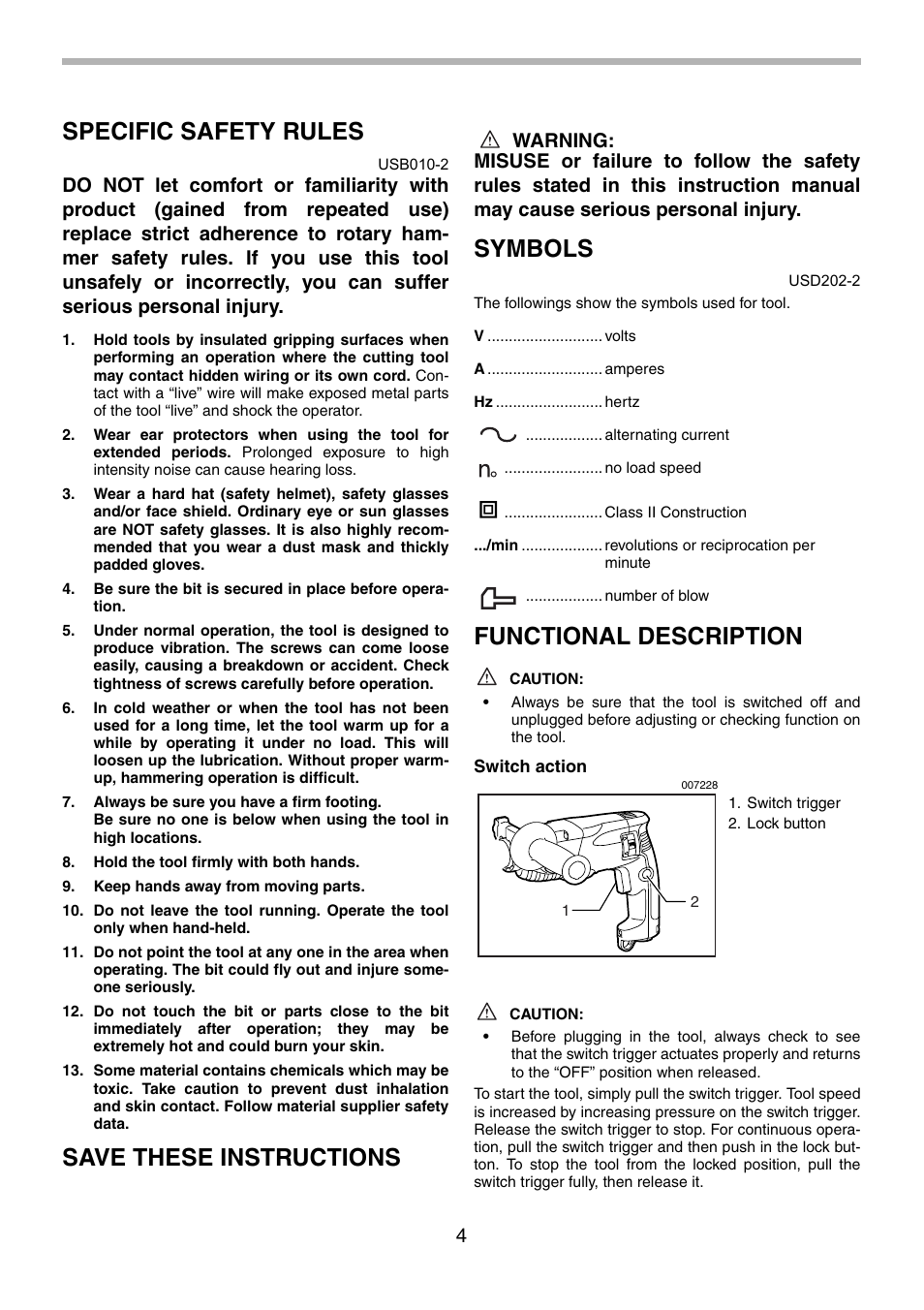 Specific safety rules, Save these instructions, Symbols | Functional description | Makita HR1830F User Manual | Page 4 / 28