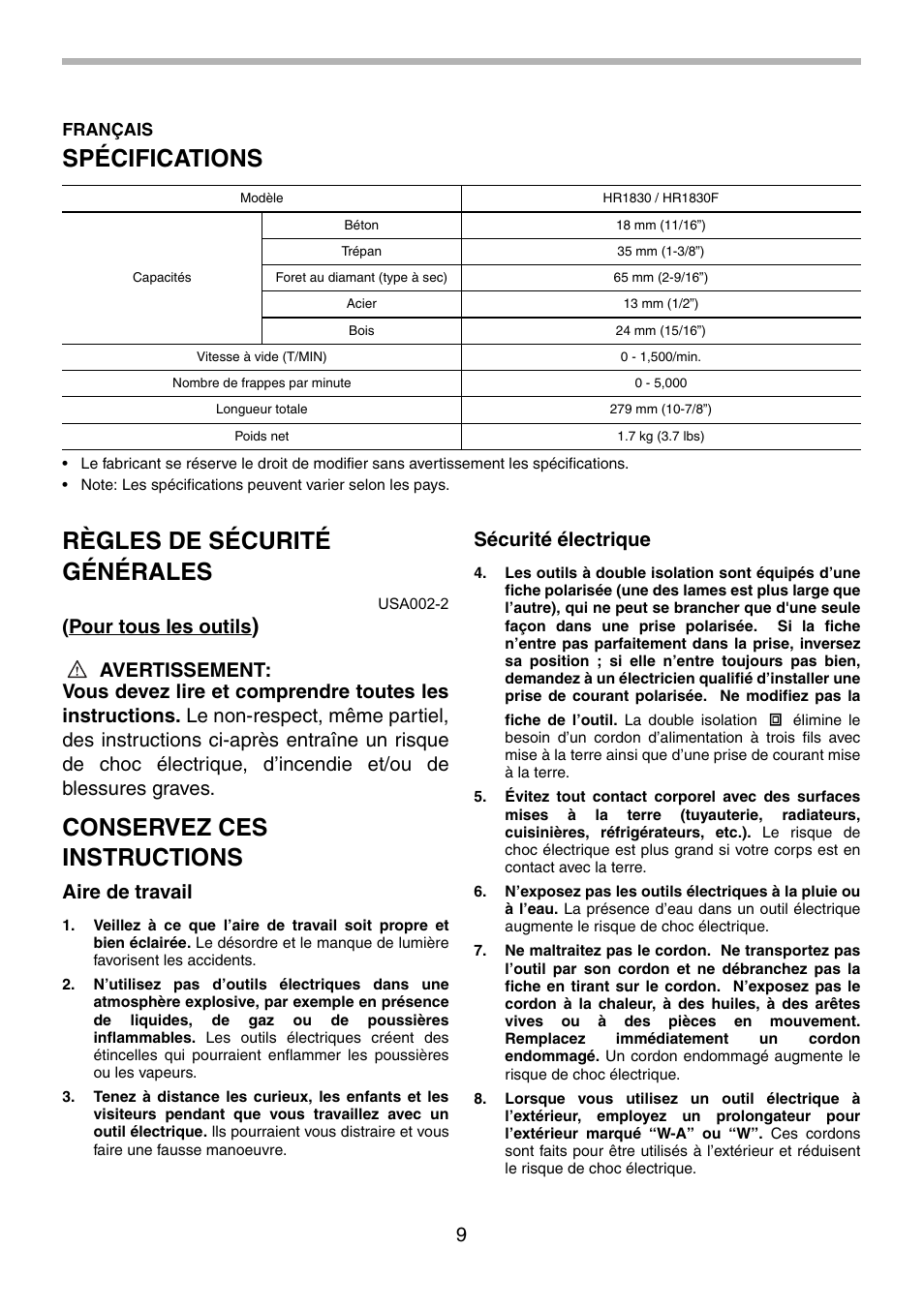 Spécifications, Règles de sécurité générales, Conservez ces instructions | Pour tous les outils, Aire de travail, Sécurité électrique | Makita HR1830F User Manual | Page 9 / 28