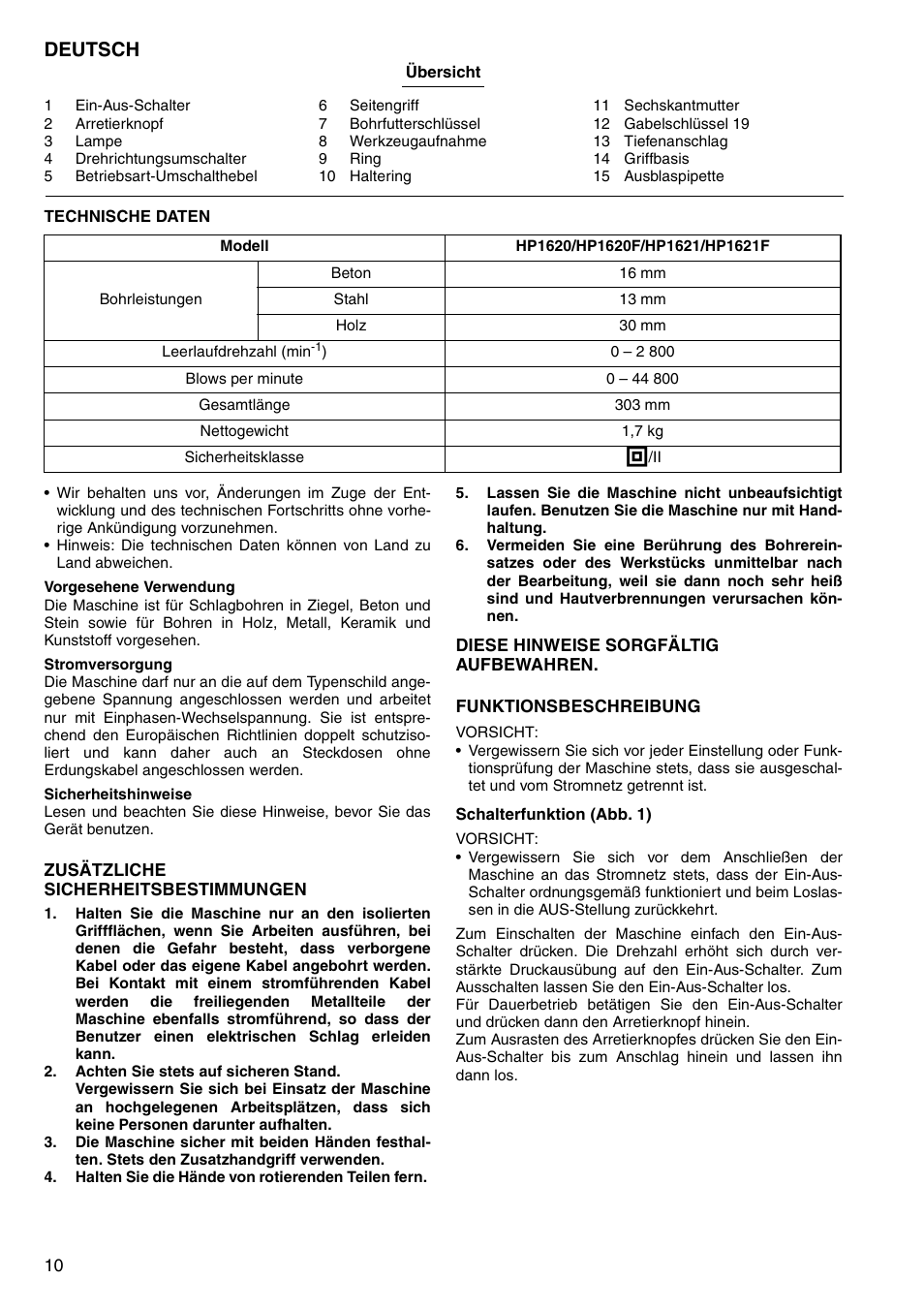 Deutsch | Makita HP1620 User Manual | Page 10 / 44