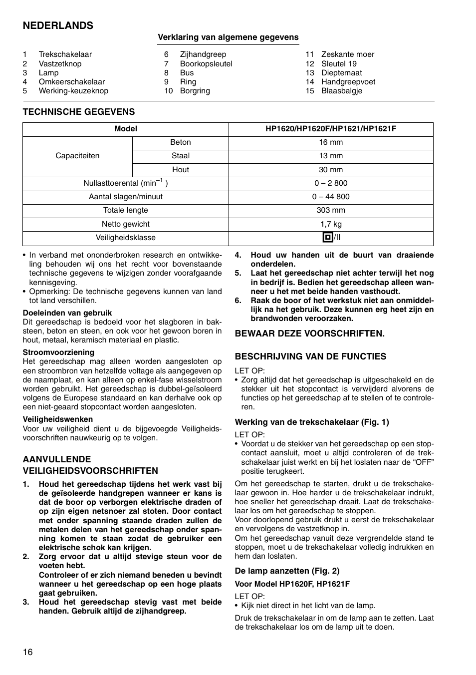 Nederlands | Makita HP1620 User Manual | Page 16 / 44