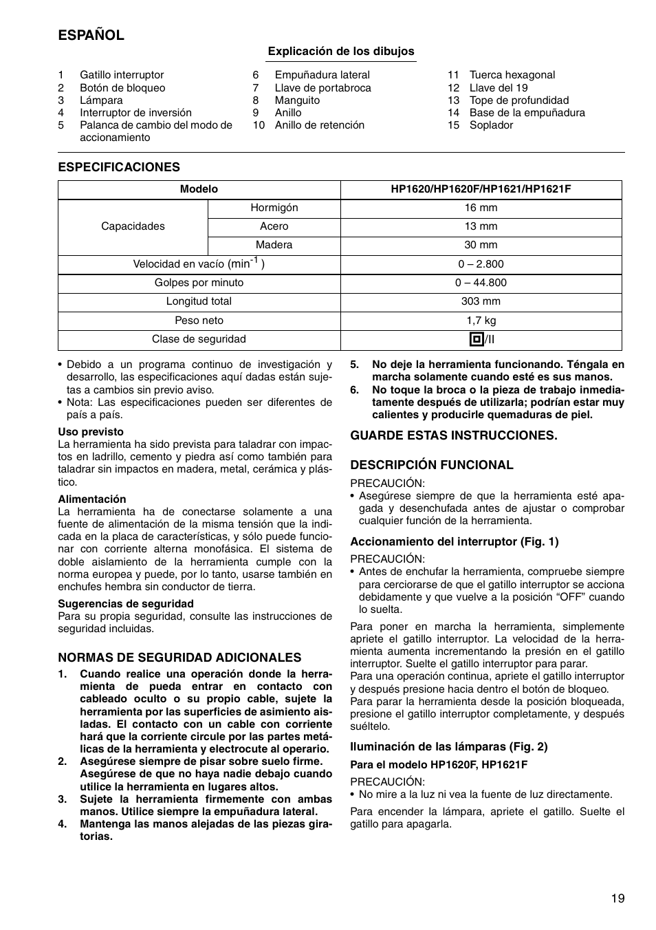 Español | Makita HP1620 User Manual | Page 19 / 44
