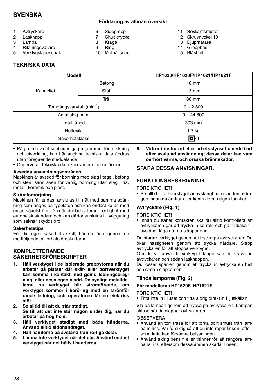 Svenska | Makita HP1620 User Manual | Page 28 / 44