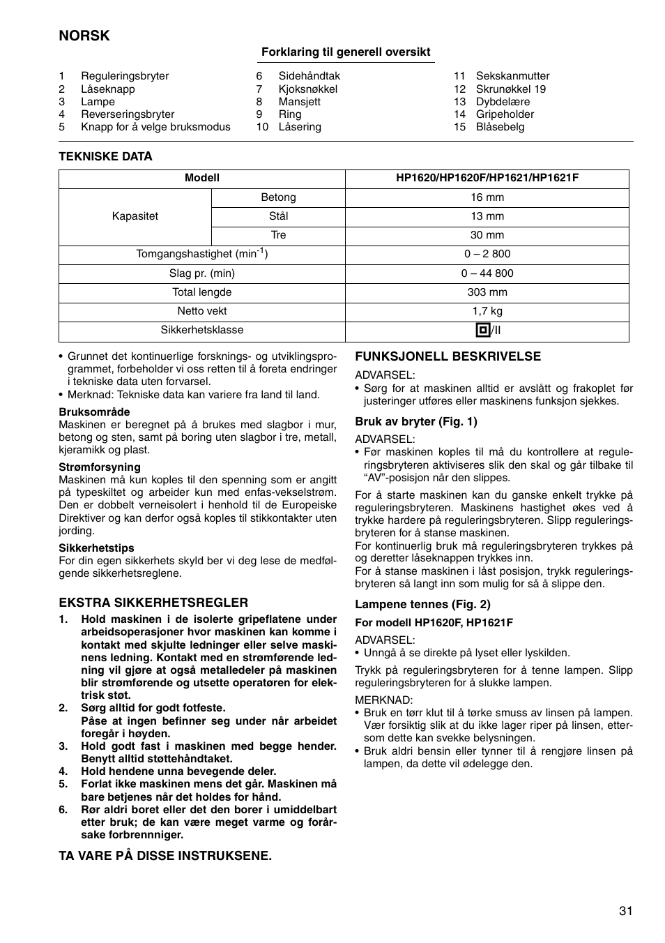 Norsk | Makita HP1620 User Manual | Page 31 / 44