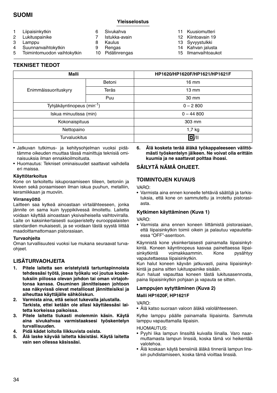 Suomi | Makita HP1620 User Manual | Page 34 / 44