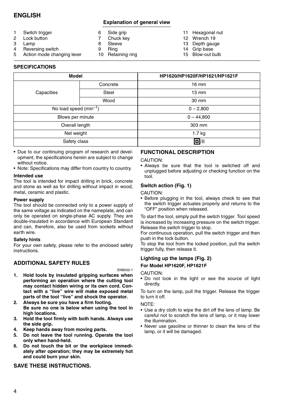 English | Makita HP1620 User Manual | Page 4 / 44