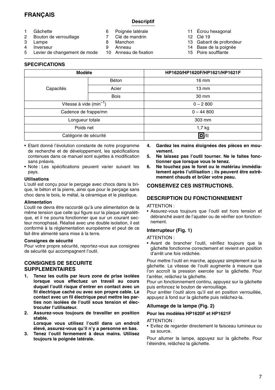 Français | Makita HP1620 User Manual | Page 7 / 44