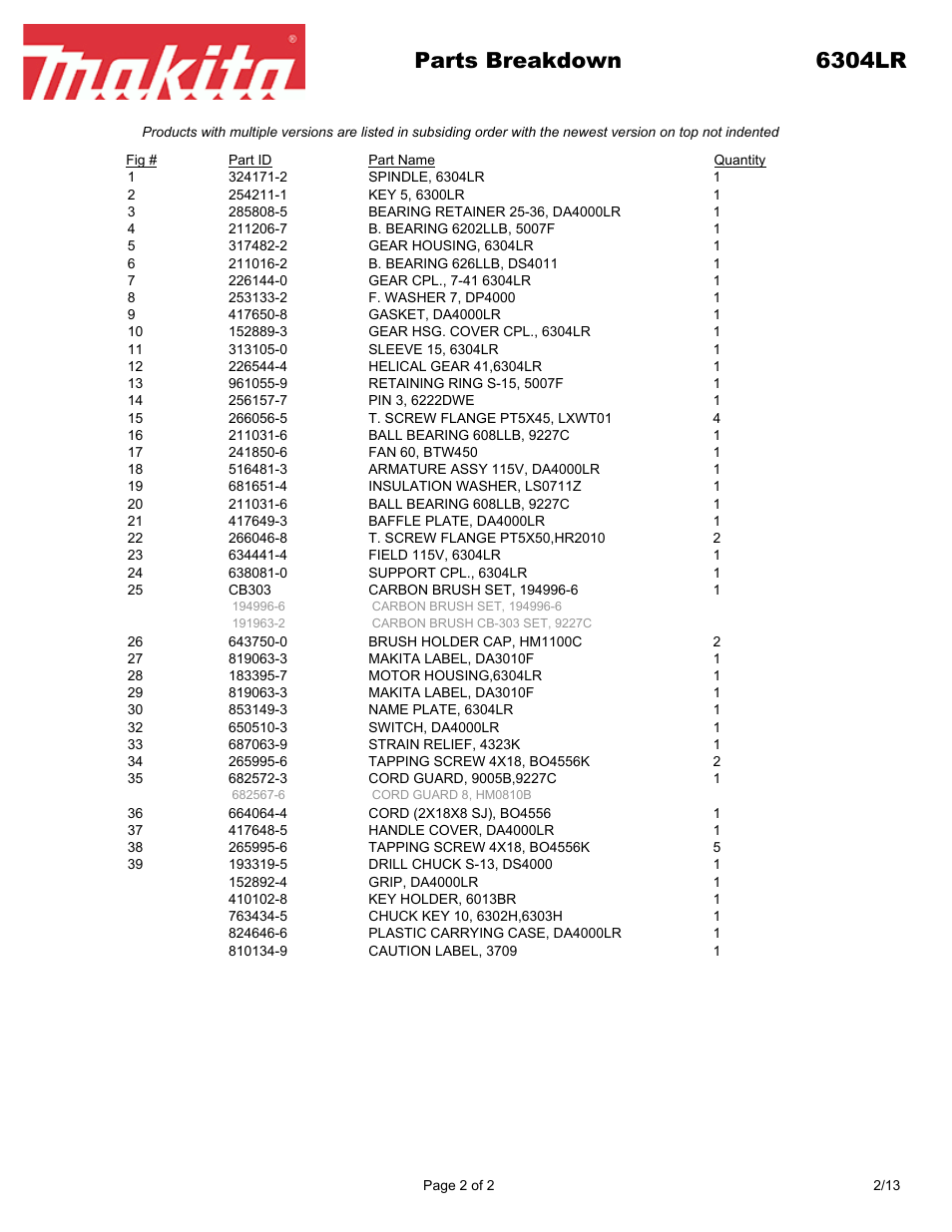 Parts breakdown 6304lr | Makita 6304L User Manual | Page 2 / 2