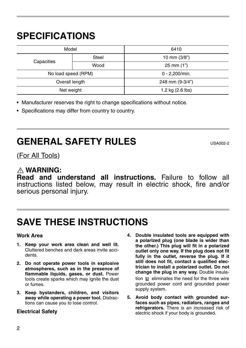 Specifications, General safety rules, Save these instructions | Makita 6410 User Manual | Page 2 / 12