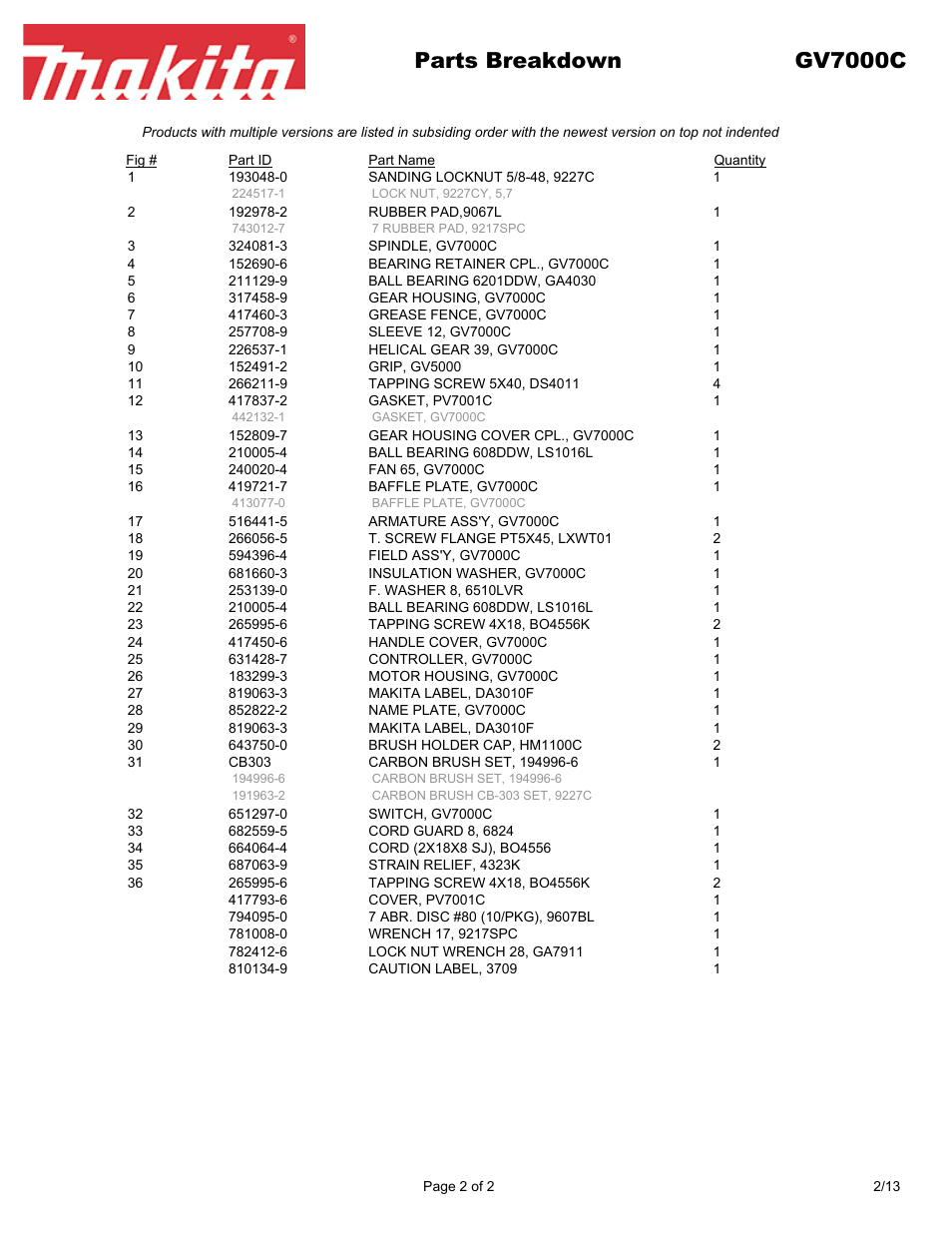 Parts breakdown gv7000c | Makita GV7000C User Manual | Page 2 / 2