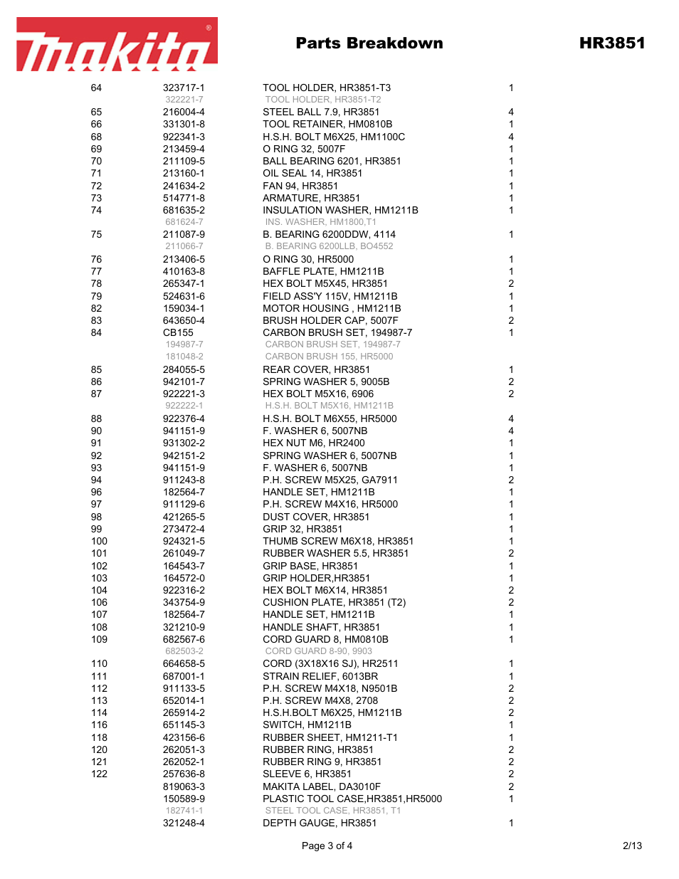 Parts breakdown hr3851 | Makita HR3851 User Manual | Page 3 / 4