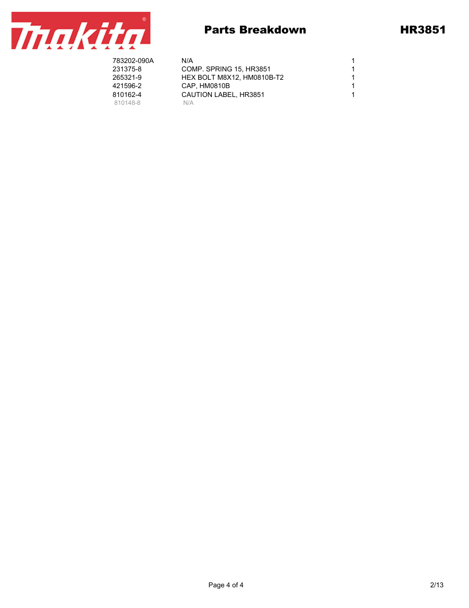 Parts breakdown hr3851 | Makita HR3851 User Manual | Page 4 / 4