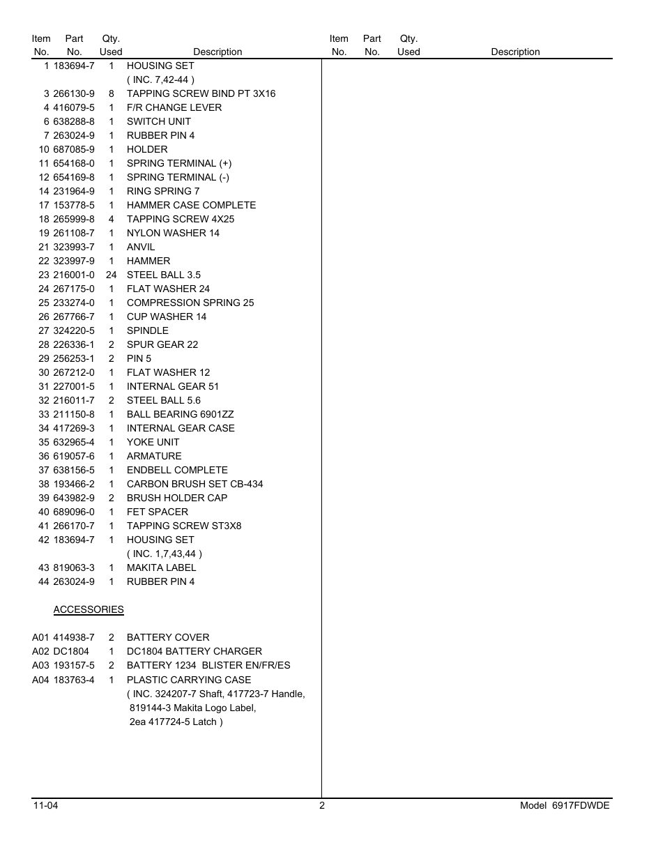 List | Makita 6917FDWDE User Manual | Page 2 / 2