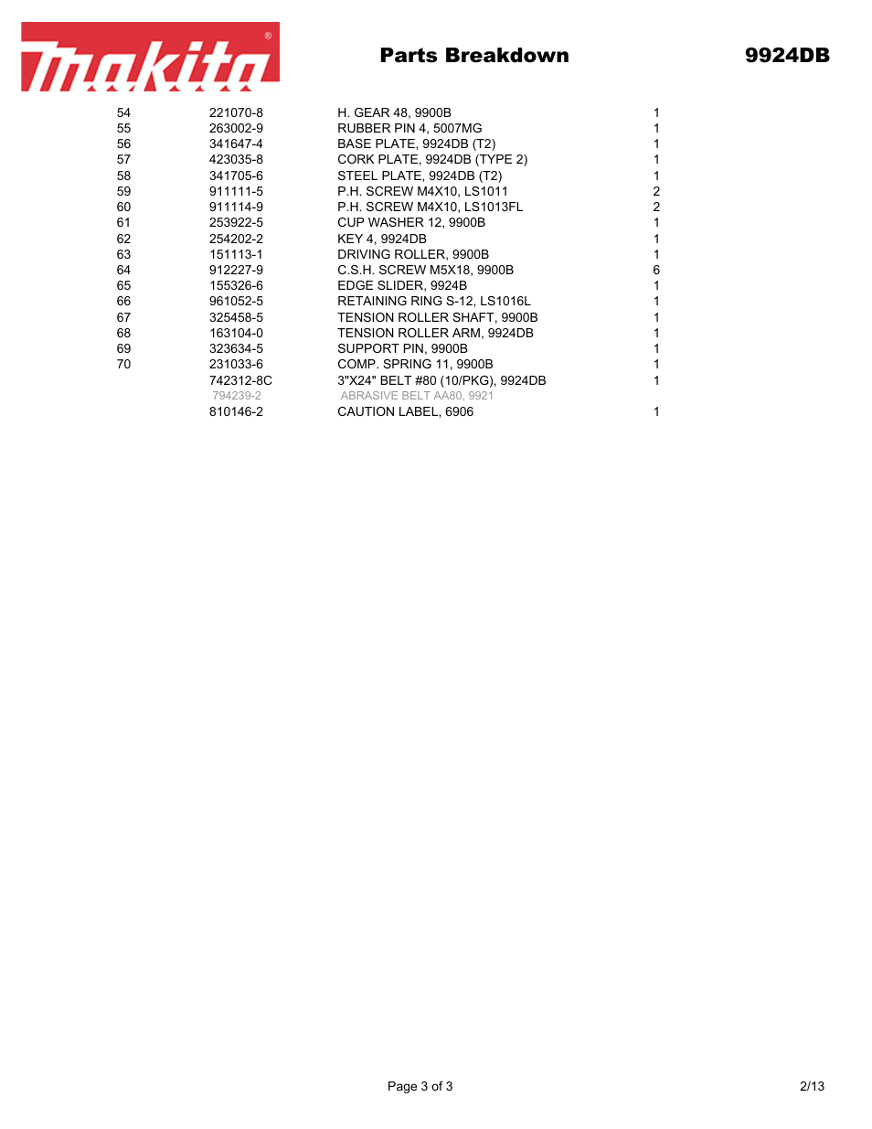 Parts breakdown 9924db | Makita 9924DB User Manual | Page 3 / 3