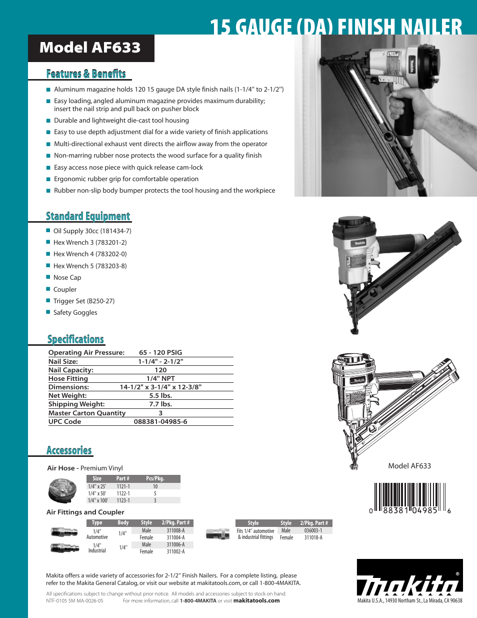 15 gauge (da) finish nailer, Model af633, Features & benefits | Standard equipment | Makita AF633 User Manual | Page 2 / 2