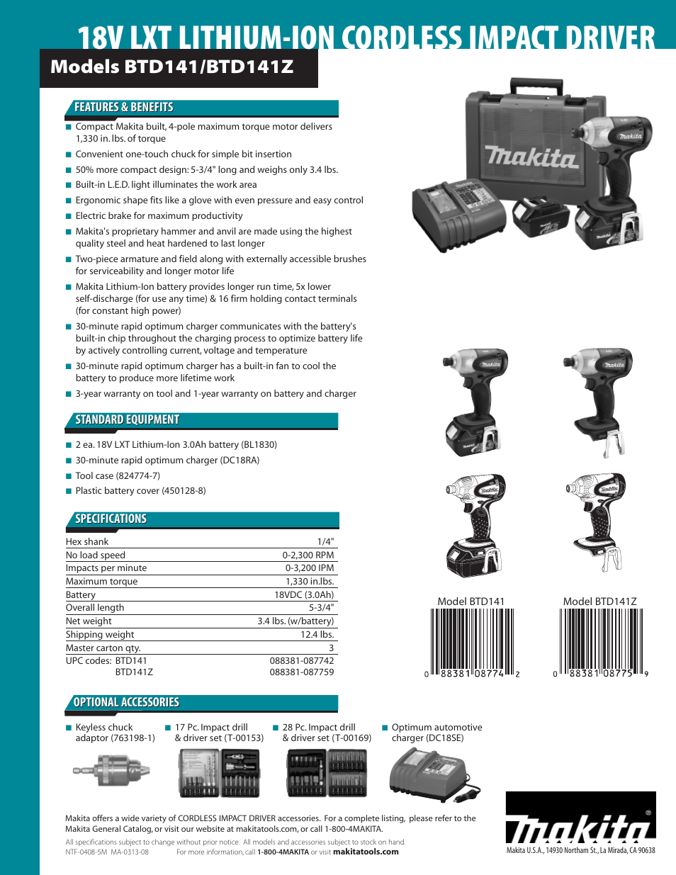 18v lxt lithium-ion cordless impact driver, Features & benefits, Specifications | Optional accessories | Makita LXT BTD141Z User Manual | Page 2 / 2