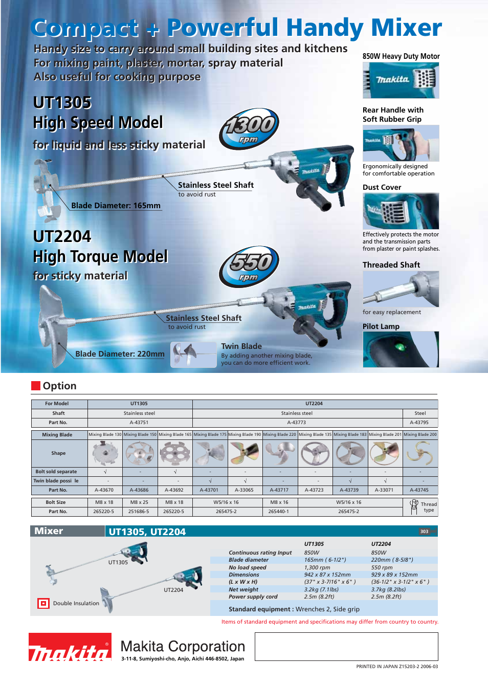Compact + powerful handy mixer, Ut2204 high torque model, Ut1305 high speed model | For sticky material, For liquid and less sticky material, Option | Makita UT1305 User Manual | Page 2 / 2