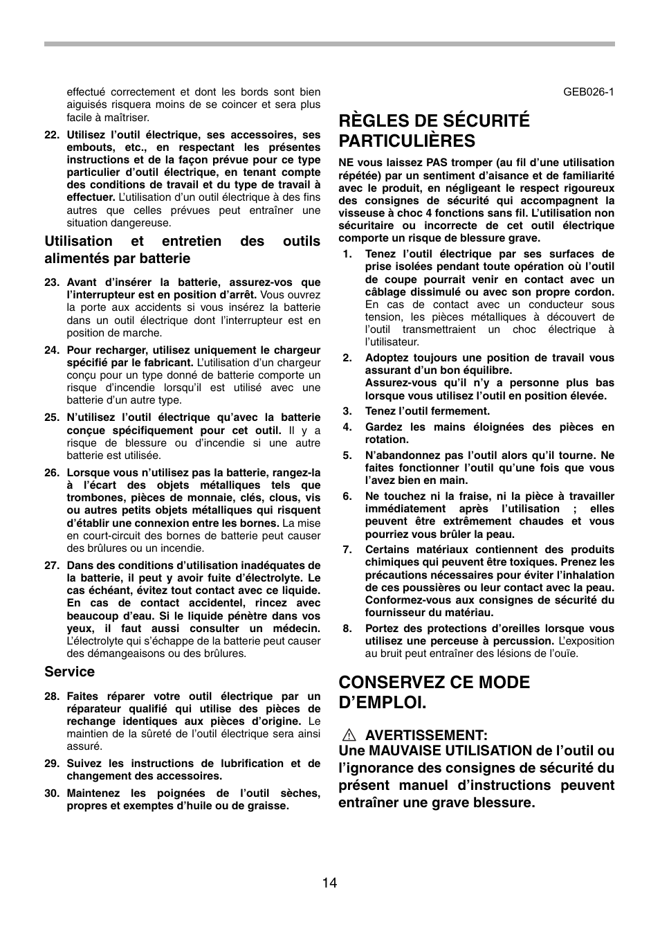 Règles de sécurité particulières, Conservez ce mode d’emploi, Service | Makita BTP140 User Manual | Page 14 / 36