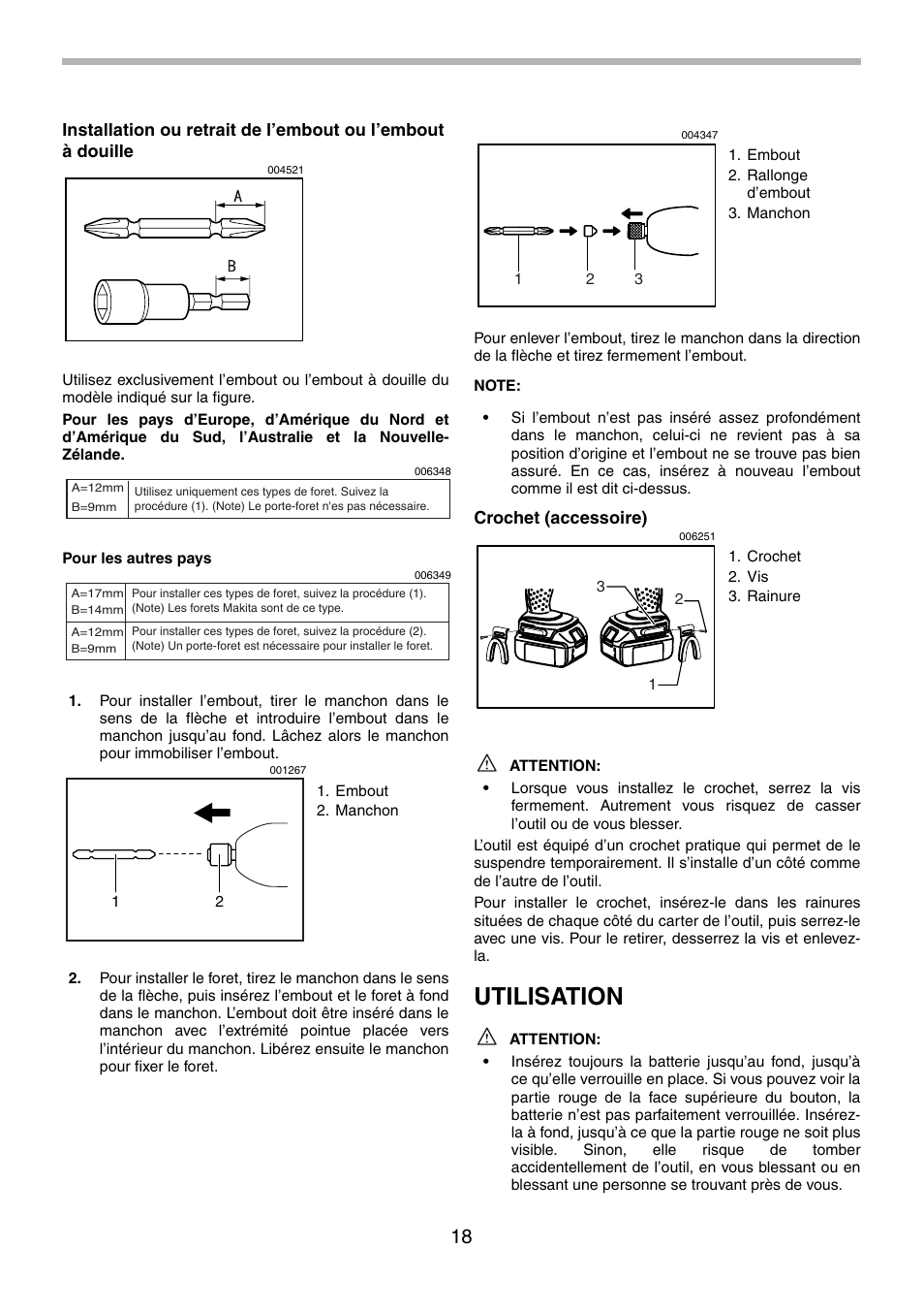 Utilisation, Crochet (accessoire) | Makita BTP140 User Manual | Page 18 / 36