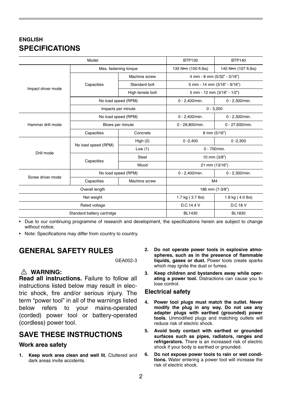 Specifications, General safety rules, Save these instructions | Work area safety, Electrical safety, English | Makita BTP140 User Manual | Page 2 / 36