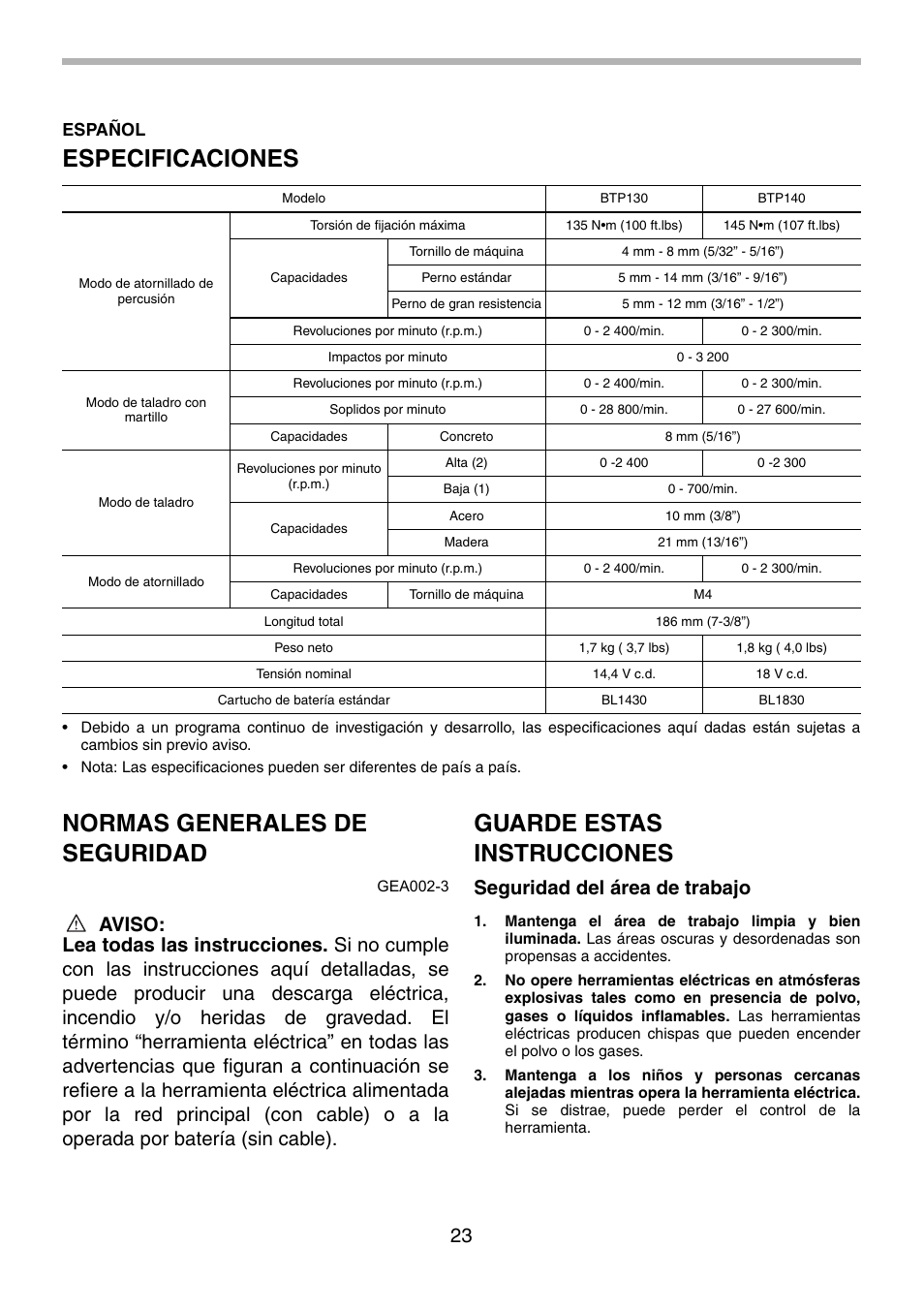 Especificaciones, Normas generales de seguridad, Guarde estas instrucciones | Seguridad del área de trabajo, Español | Makita BTP140 User Manual | Page 23 / 36