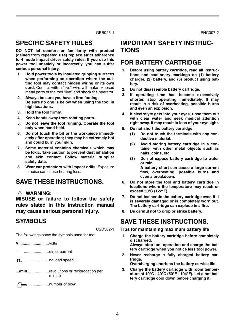 Specific safety rules, Save these instructions, Symbols | Makita BTP140 User Manual | Page 4 / 36