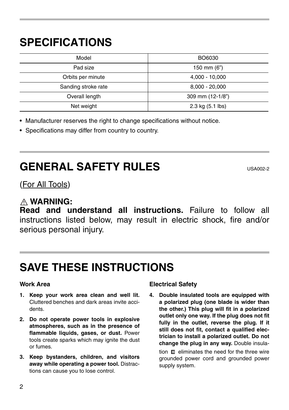 Specifications, General safety rules, Save these instructions | Makita BO6030 User Manual | Page 2 / 16