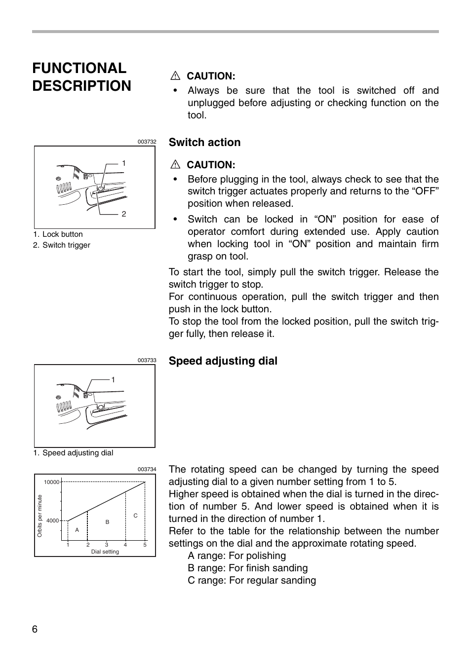 Functional description, Switch action, Speed adjusting dial | Makita BO6030 User Manual | Page 6 / 16