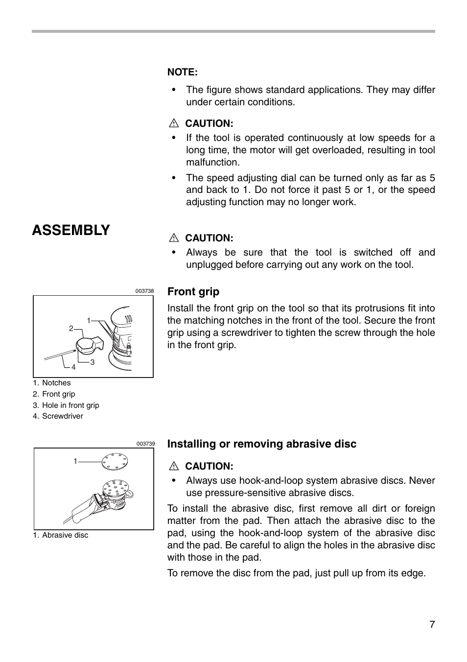Assembly, Front grip, Installing or removing abrasive disc | Makita BO6030 User Manual | Page 7 / 16