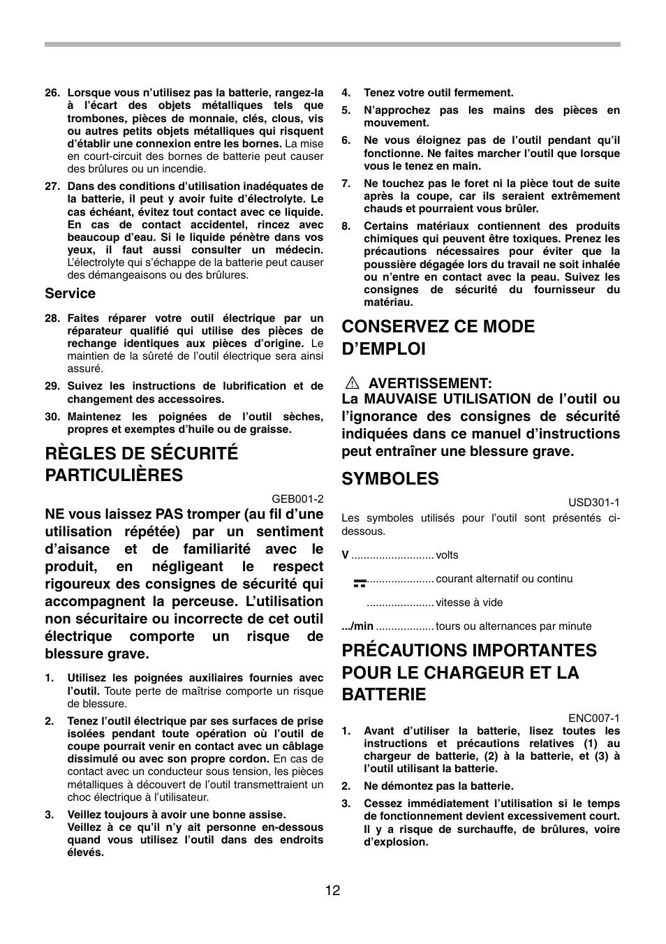 Règles de sécurité particulières, Conservez ce mode d’emploi, Symboles | Service | Makita BDF451 User Manual | Page 12 / 28