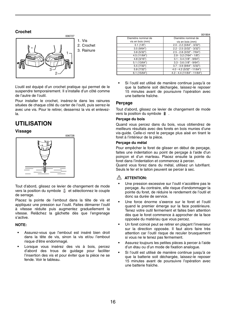 Utilisation, Crochet, Vissage | Perçage | Makita BDF451 User Manual | Page 16 / 28