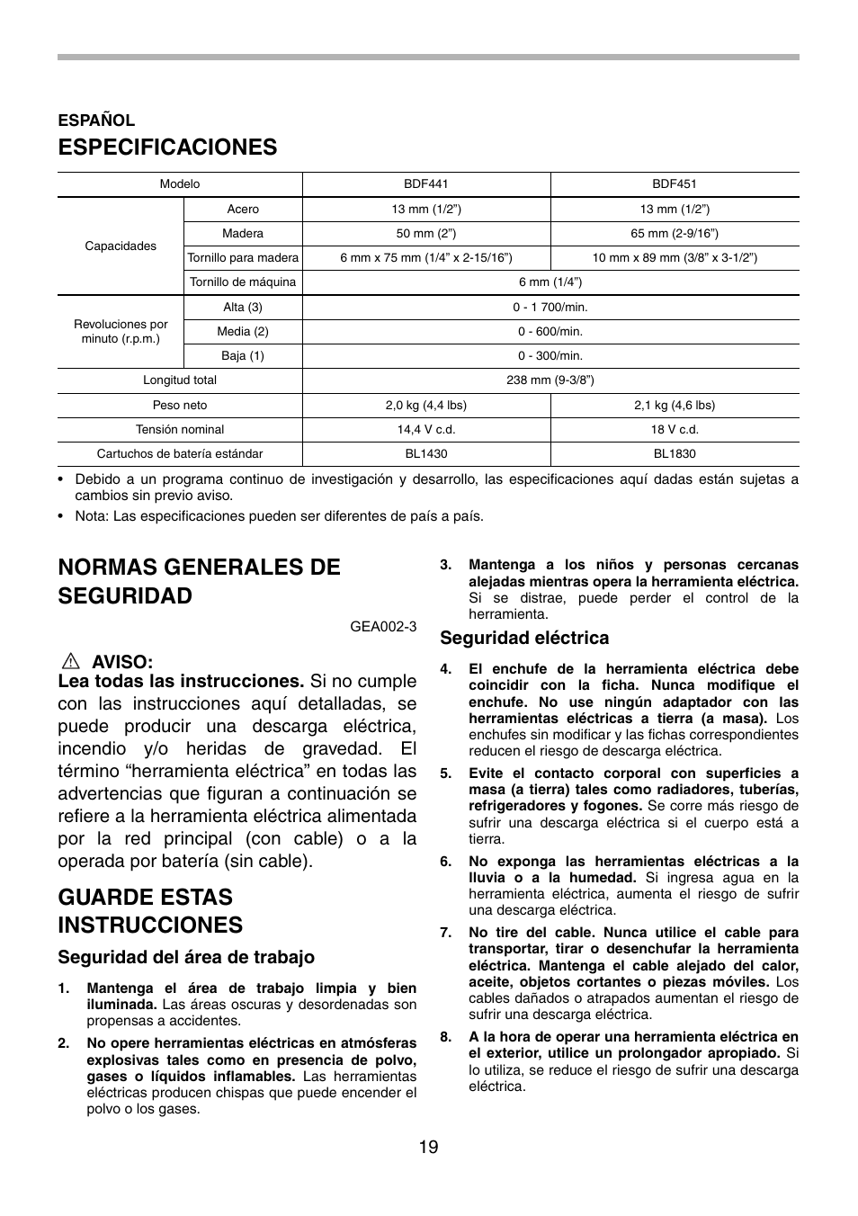 Especificaciones, Normas generales de seguridad, Guarde estas instrucciones | Seguridad del área de trabajo, Seguridad eléctrica | Makita BDF451 User Manual | Page 19 / 28